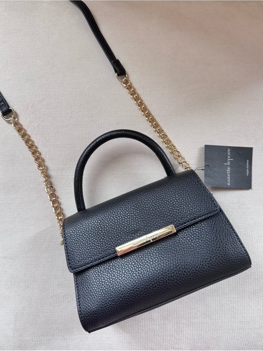 Nanette Lepore Black Mini Top-Handle Bag with Gold Chain Strap